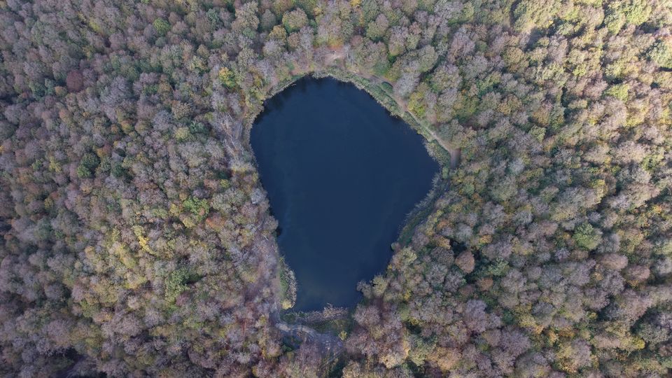 Top-down drone view of a heart-shaped dark lake surrounded by autumn forest